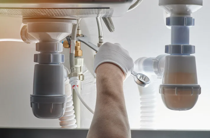 A person wearing a white glove uses a wrench to tighten or repair plumbing pipes under a sink, much like experts from a demolition company in New York NY handle complex repairs and renovations.