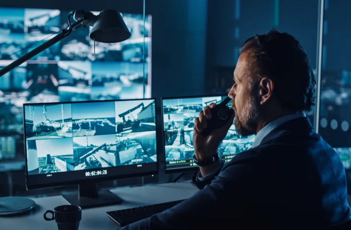 A security officer in a dimly lit room monitors multiple surveillance camera feeds on two computer screens and speaks into a handheld radio, ensuring safety during demolition services in NYC.