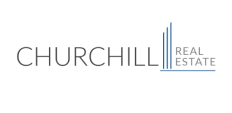 Churchill Real Estate logo with "CHURCHILL" in large letters, "REAL ESTATE" beneath, and four vertical blue lines resembling a bar graph or buildings—ideal for firms near demolition services in NYC or real estate developers in Manhattan.