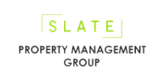 Logo for Slate Property Management Group. The word "SLATE" is in uppercase green letters, partially enclosed by green lines, above the text "Property Management Group" in black—ideal for a demolition company in New York NY or related services.