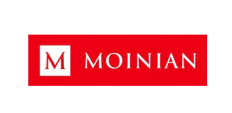 Red rectangular logo with a white square on the left containing a bold red letter "M." To the right, "MOINIAN" appears in white uppercase letters on the red background, representing a leading demolition company in New York NY.