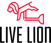 Stylized red line drawing of a lion above bold black text that reads "LIVE LION." The lion's body is abstract, with geometric shapes forming its legs and tail.