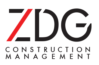 Logo for ZDG Construction Management. The letters "ZDG" are bold, modern, and black, with a red diagonal line forming part of the "Z." The words "CONSTRUCTION MANAGEMENT" appear below in uppercase letters.