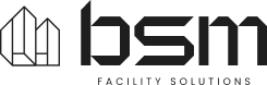 Logo for BSM Facility Solutions featuring a geometric outline of buildings on the left and bold, modern "bsm" text on the right, with "Facility Solutions" written below in capital letters.