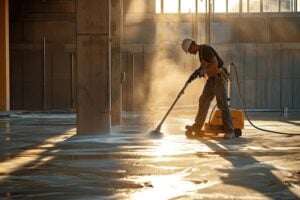 A construction worker in a hard hat, employed by a construction cleanup company, uses a floor-cleaning machine on a sunlit, dusty concrete floor inside a large, unfinished building with tall windows.