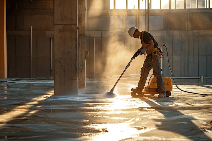 A construction cleanup company worker in safety gear uses a floor cleaning machine in a sunlit, partially built structure. Dust and light create a dramatic effect around the worker.