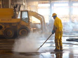A worker in yellow protective gear uses a high-pressure water hose to clean a concrete floor inside an industrial facility, with construction equipment and steam visible in the background.