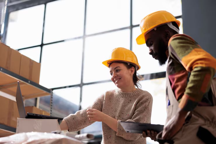 Two workers wearing yellow hard hats stand indoors near shelves. One smiles while using a laptop, the other holds a clipboard. Sunlight streams in through large windows behind them.