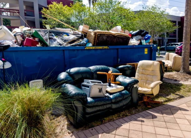 Old furniture and electronic items are placed in front of a large overfilled dumpster, surrounded by scattered trash and outdoor greenery near a sidewalk.