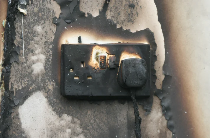 A scorched electrical socket and plug, both severely burnt and blackened, are mounted on a wall with heavy fire damage and soot stains—often sights encountered during demolition services in NYC.